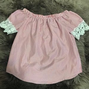 Roommates Off Shoulder Lace Trim Pinstripe Top, L